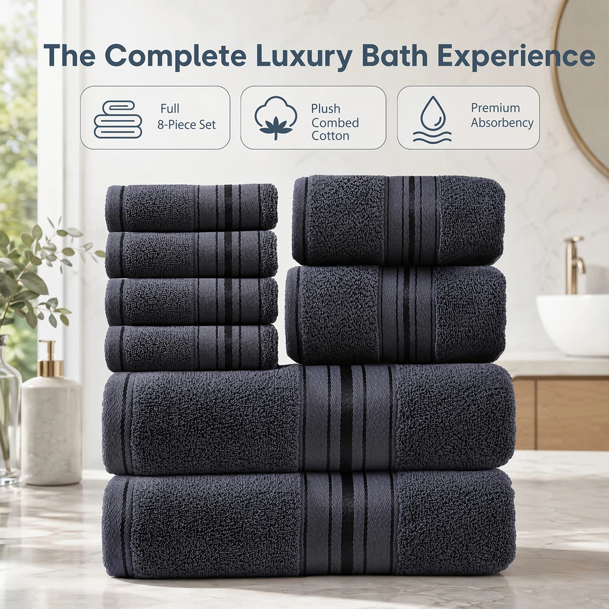Luxury 8 Piece Ring Spun Cotton Towel Set For Bathroom