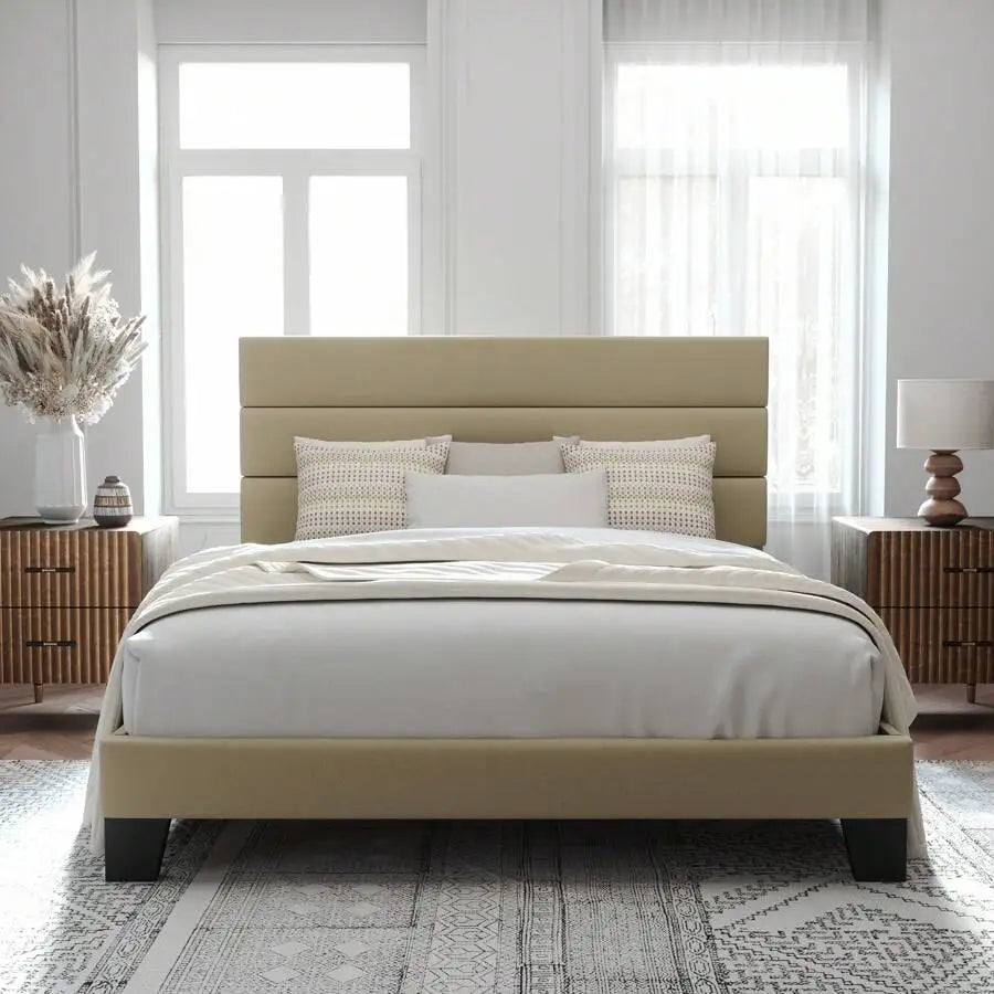 Fabric Upholstered Platform Bed Frame With Wooden Slats