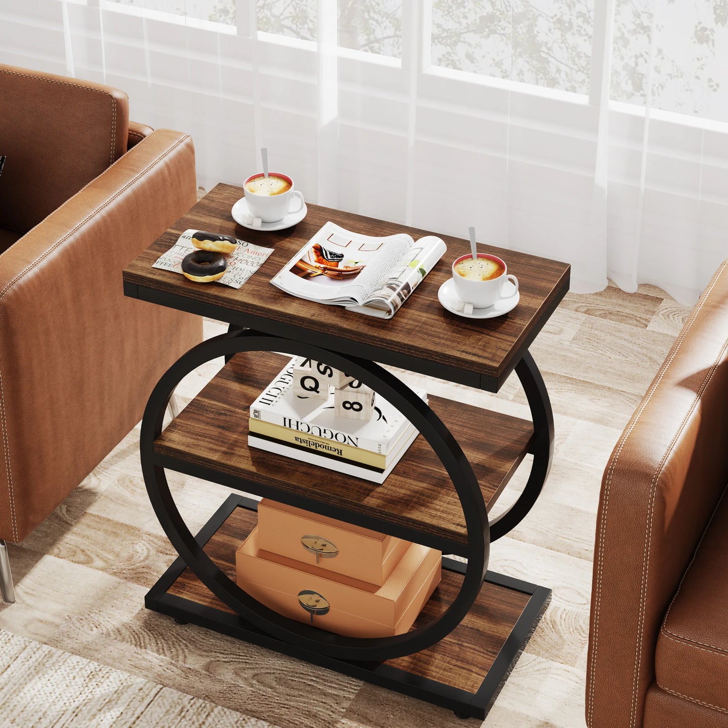 Tribesigns Industrial End Table With Three Storage Shelves