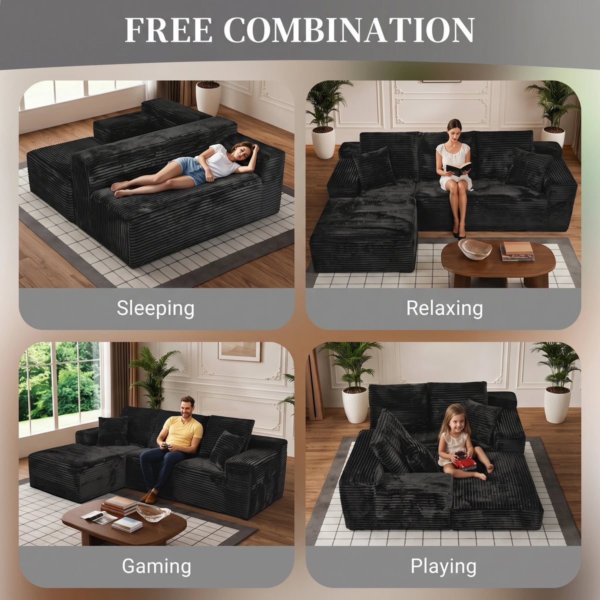 107 Inch L-Shaped Modular Sofa with Recliner and Chaise, Plush Corduroy Cloud Couch Sleeper, No Assembly Deep Seat Sectional for Living Room Apartment, Black