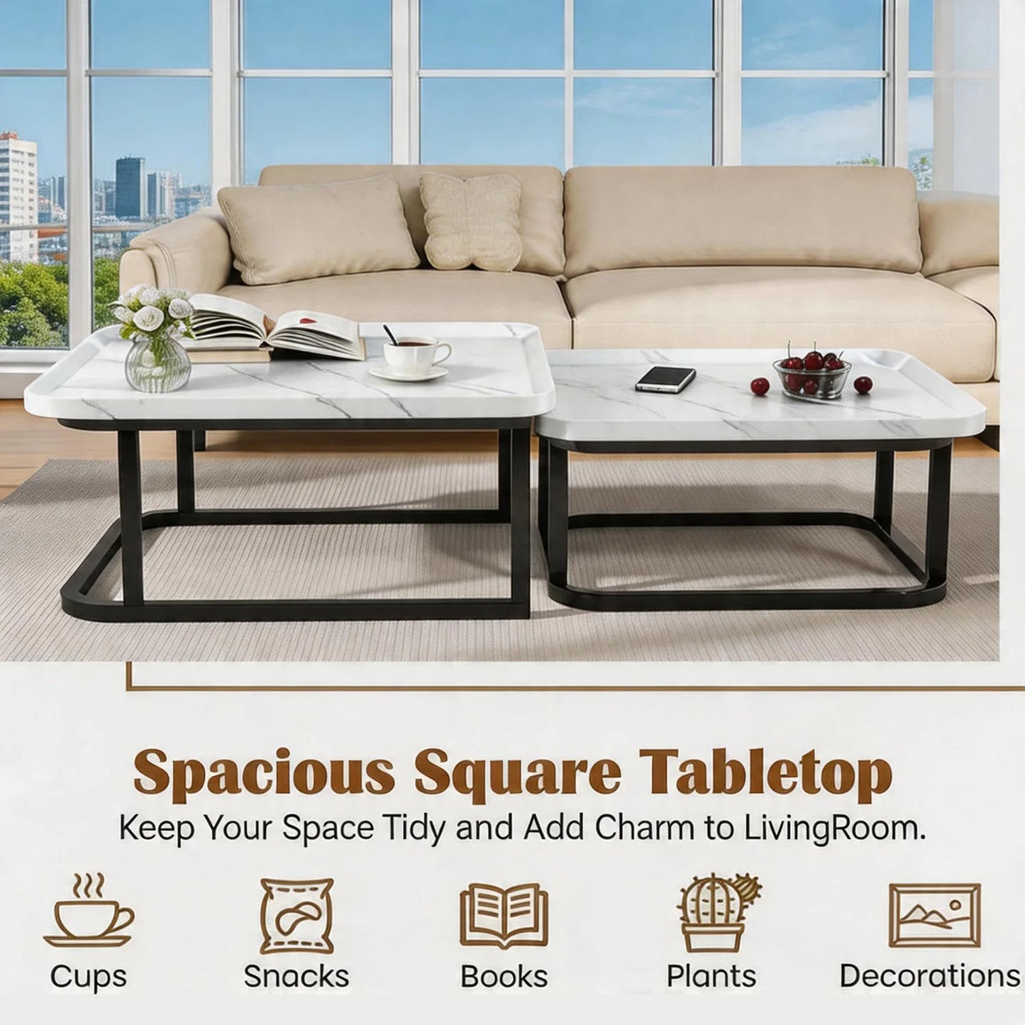 HiMISS Square Fluted Nesting Coffee Tables Set of Two
