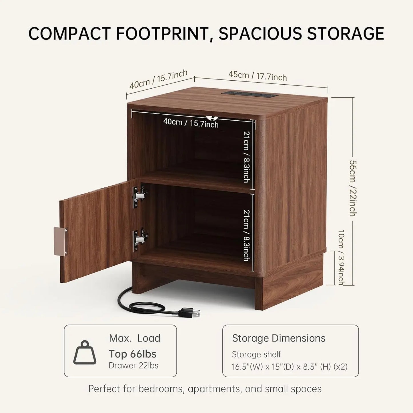 TinyNest Fluted Nightstand With Charging Station And Storage Drawers