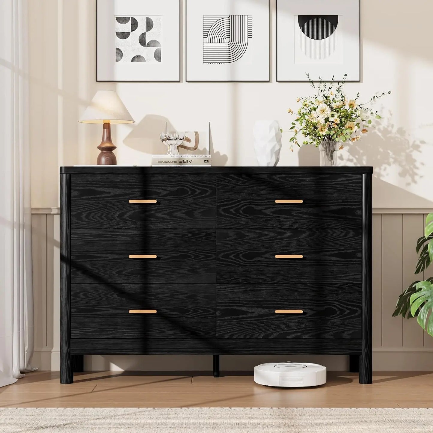 HiMISS 6 Drawer Wooden Dresser and TV Storage Cabinet