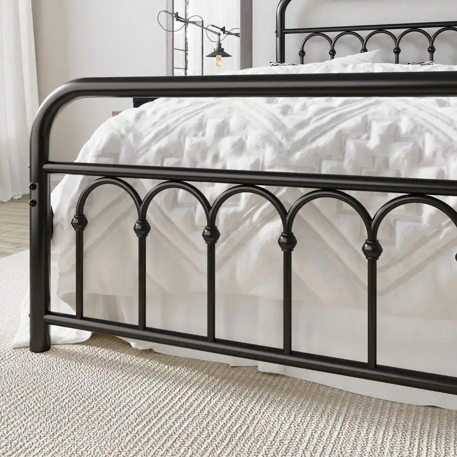 Victorian Style Metal Platform Bed Frame With Curved Iron Headboard