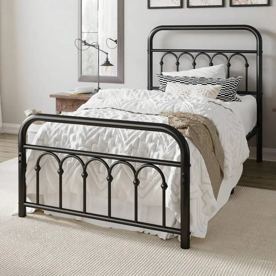 Victorian Style Metal Platform Bed Frame With Curved Iron Headboard