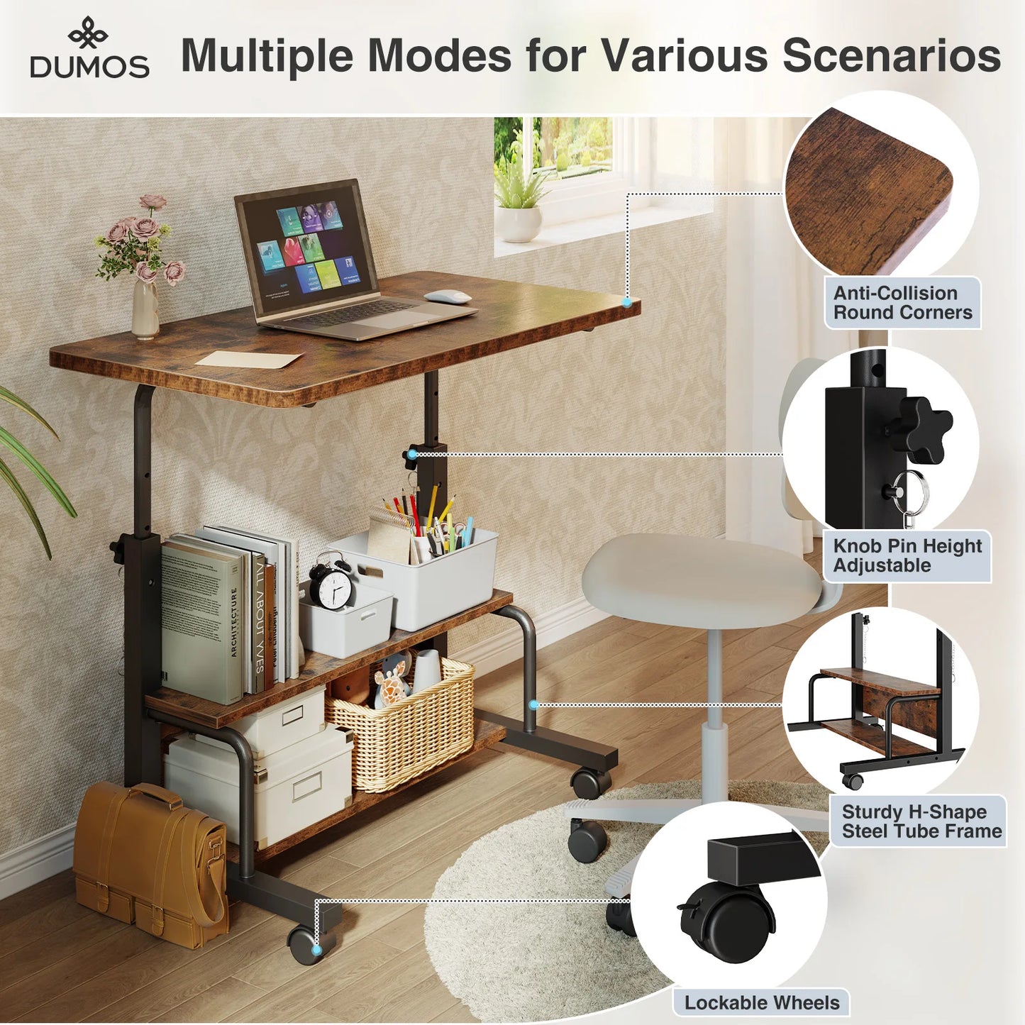 JHK Adjustable Height Mobile Standing Desk With Metal Frame