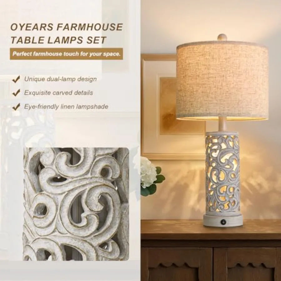 Farmhouse Table Lamp With Dual USB Ports And Linen Shade
