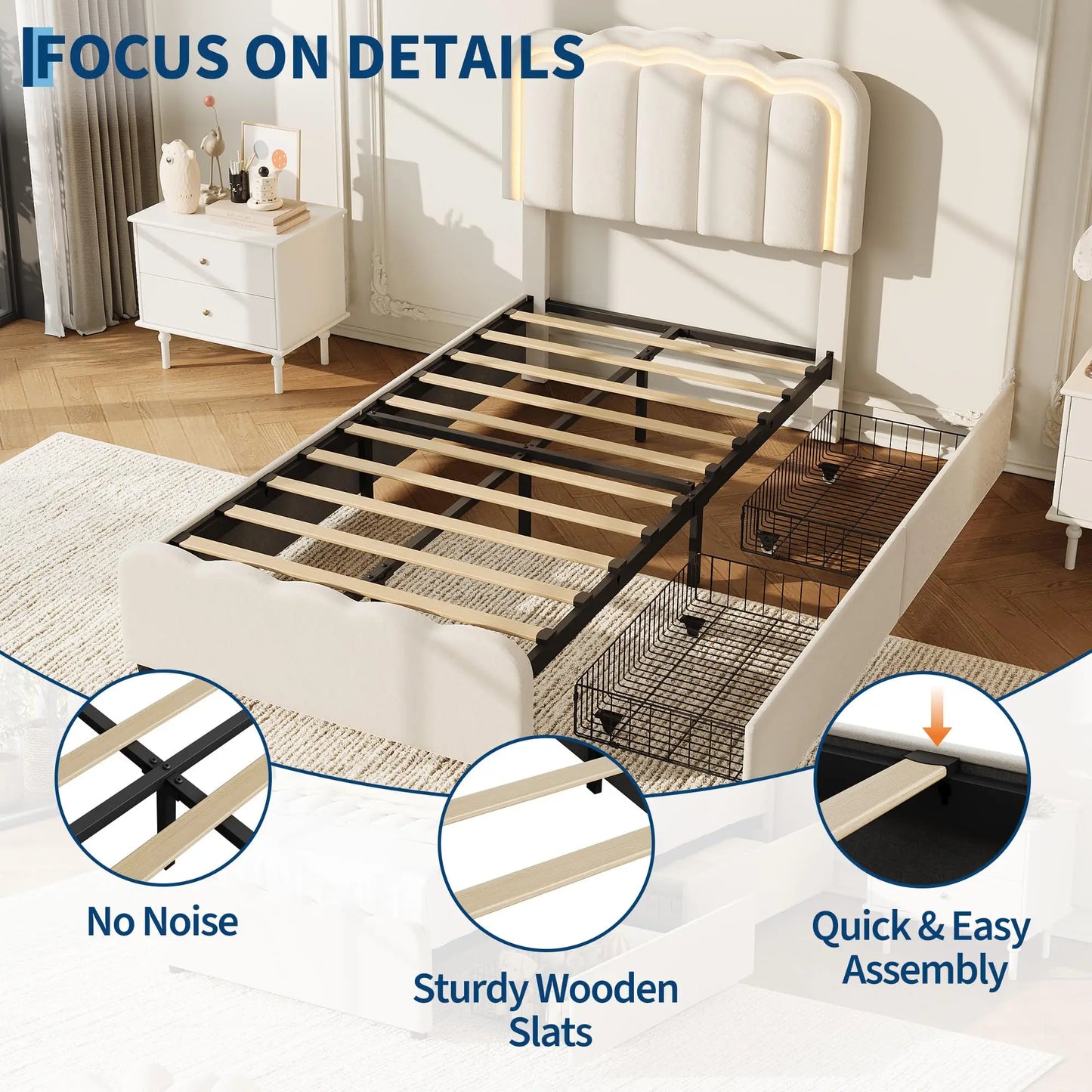 HiMISS Upholstered Bed Frame With Adjustable Headboard Led Storage Drawers