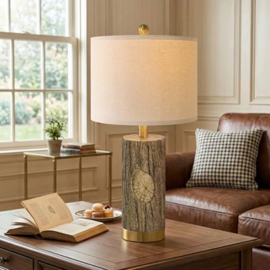 Rustic Bark Solar Table Lamps With Gold Base And Usb Ports