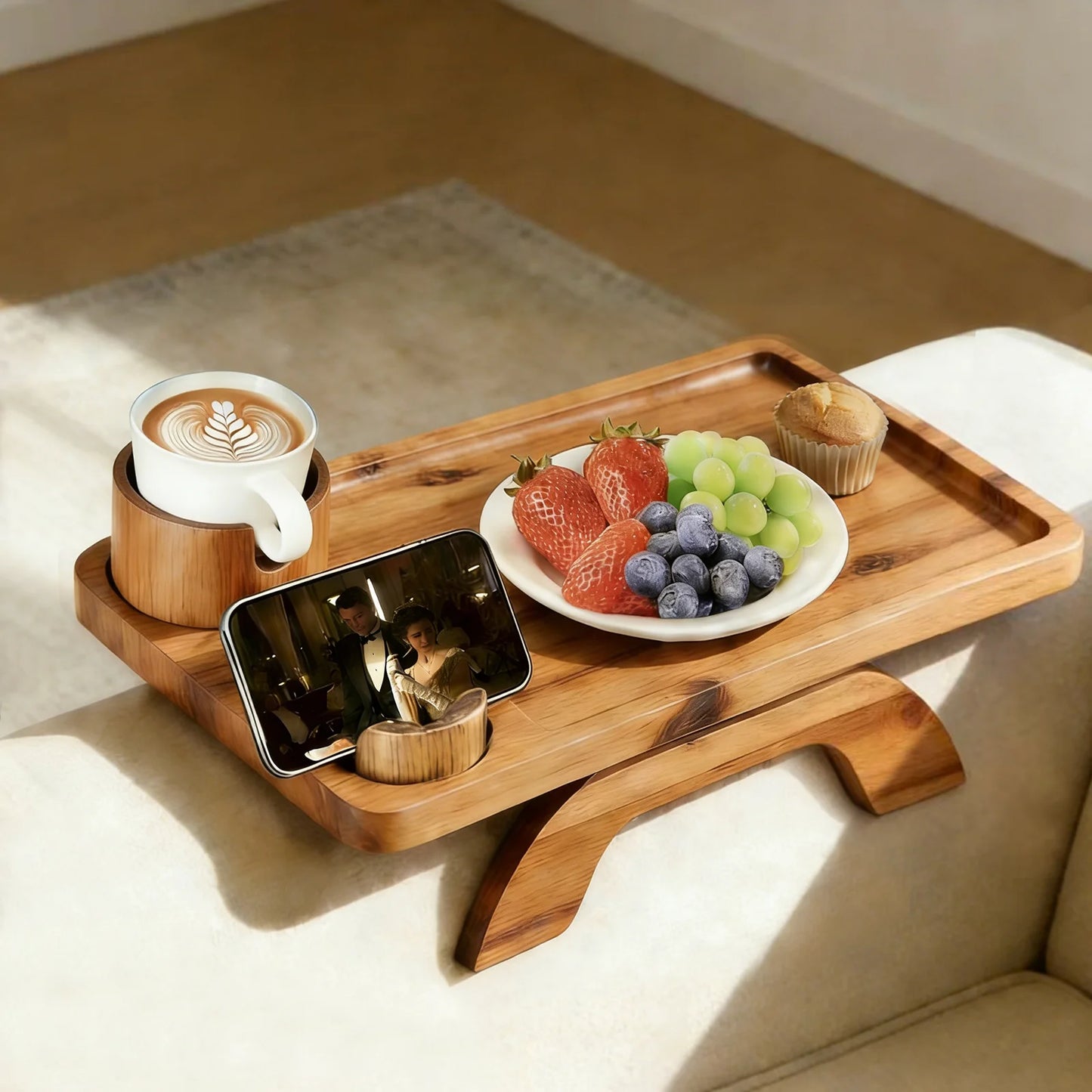 JHK Foldable Sofa Armrest Tray With Phone And Cup Holder