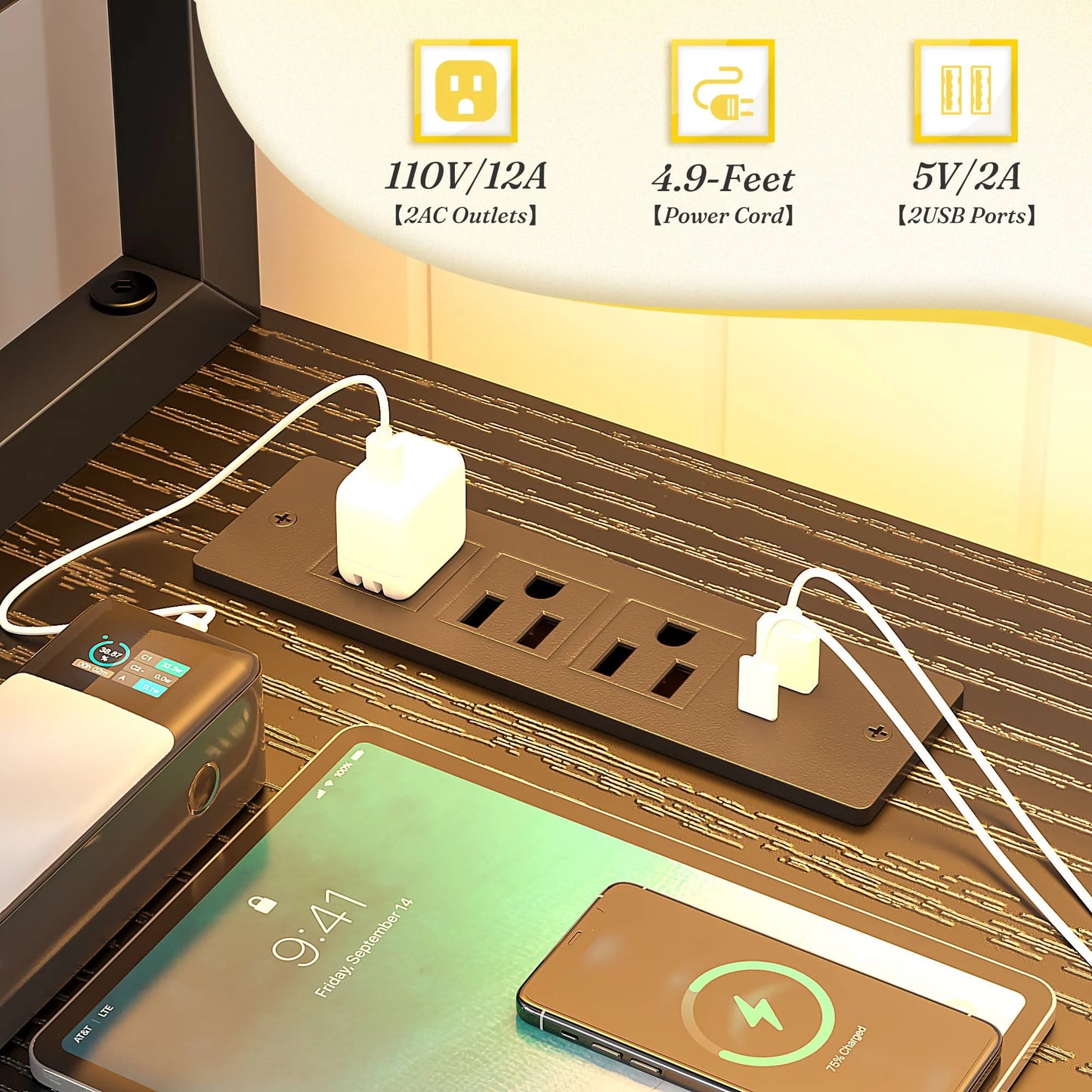 EnHomee Modern Office Desk With Power Outlets And Led Lighting