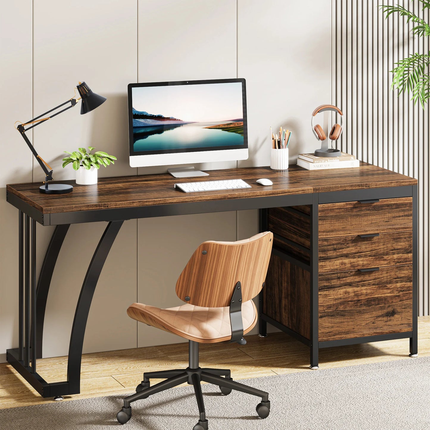 Tribesigns Computer Desk With Three Drawers Industrial Wooden Workstation