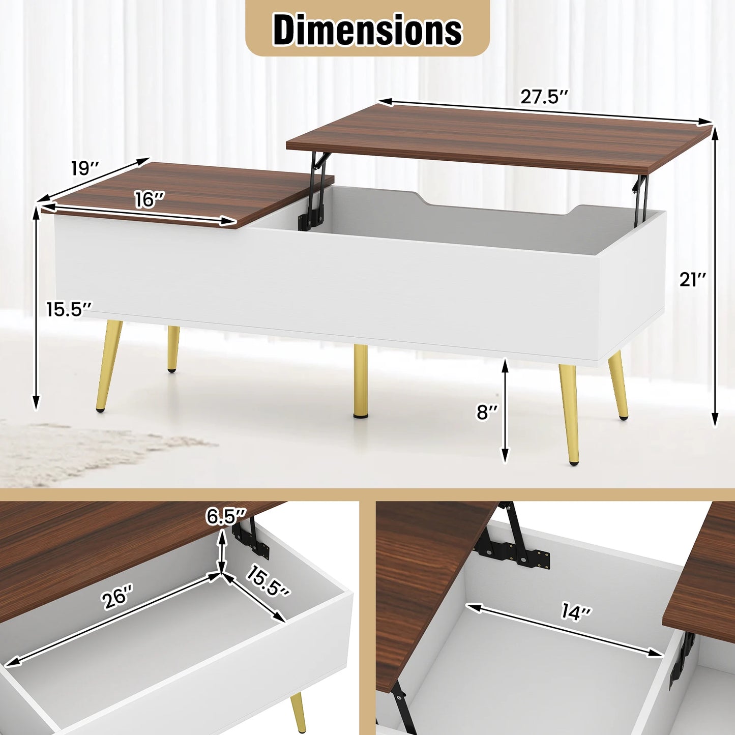 Homasis Lift Top Coffee Table With Split Top Hidden Storage