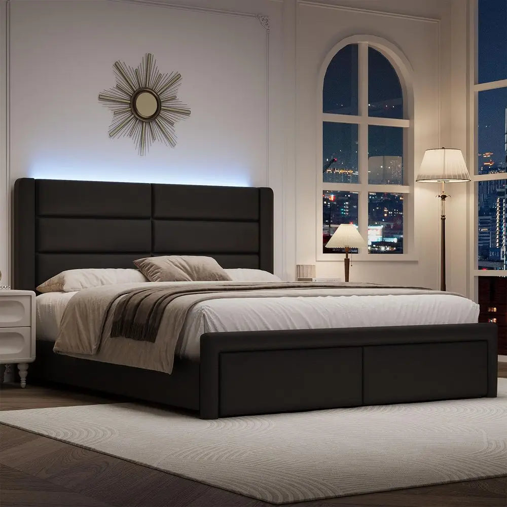 Upholstered Bed Frame With Headboard LED Lights And Wood Slats