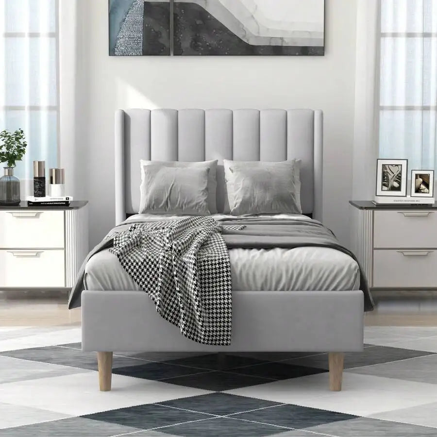 Classic Upholstered Platform Bed Frame With Headboard And Wood Slats