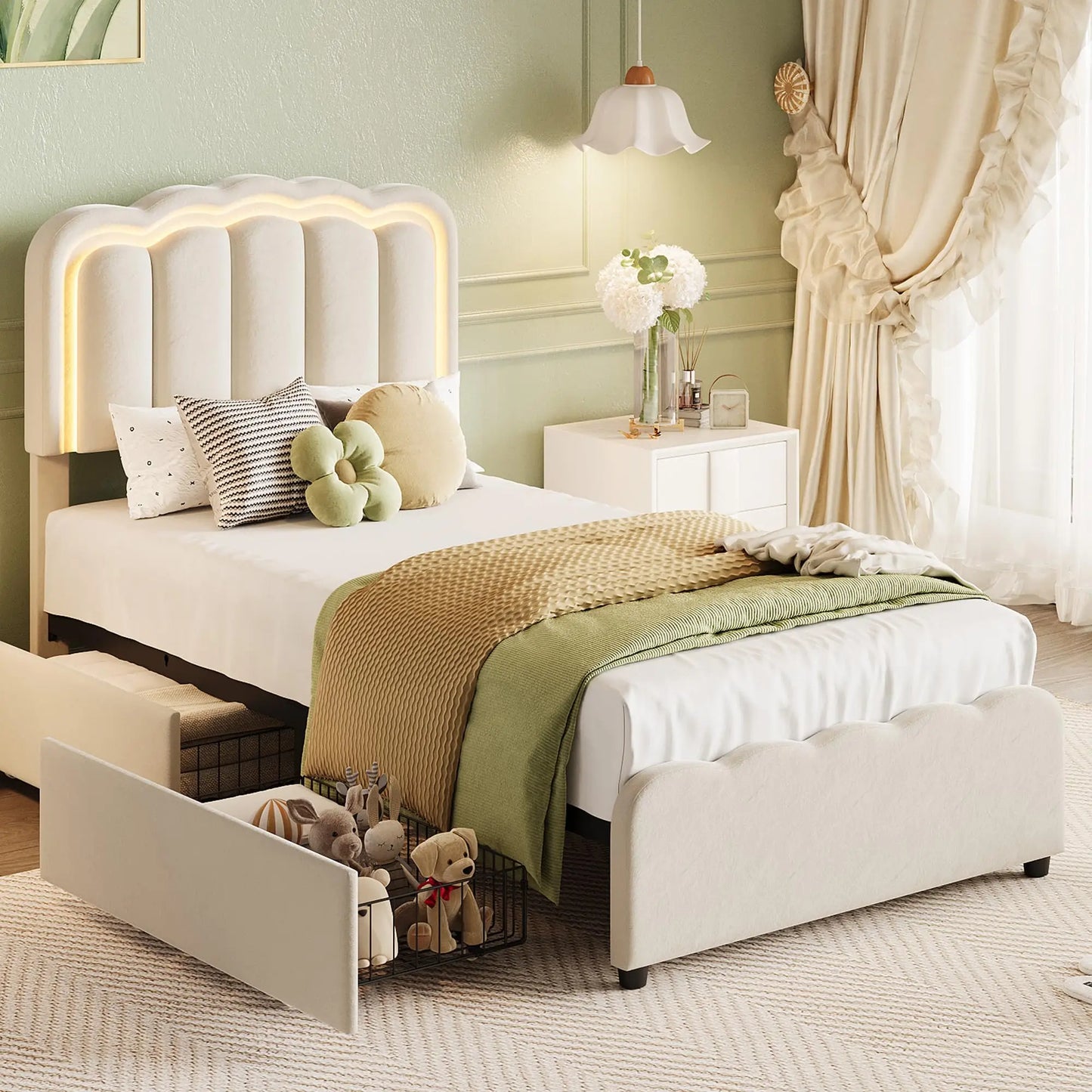 HiMISS Upholstered Bed Frame With Adjustable Headboard Led Storage Drawers