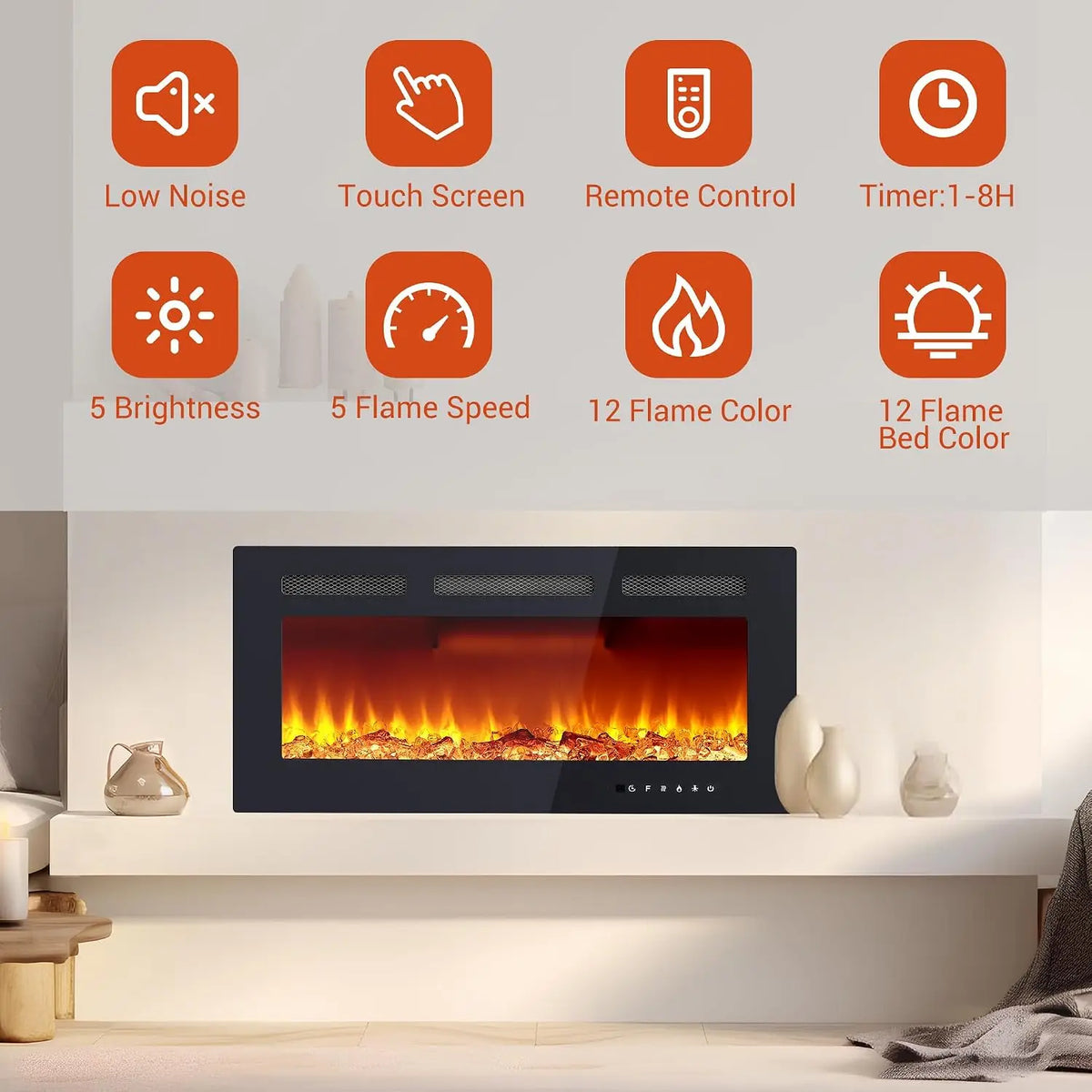 Electric Fireplace With LED Display Log And Crystal Decor Heater