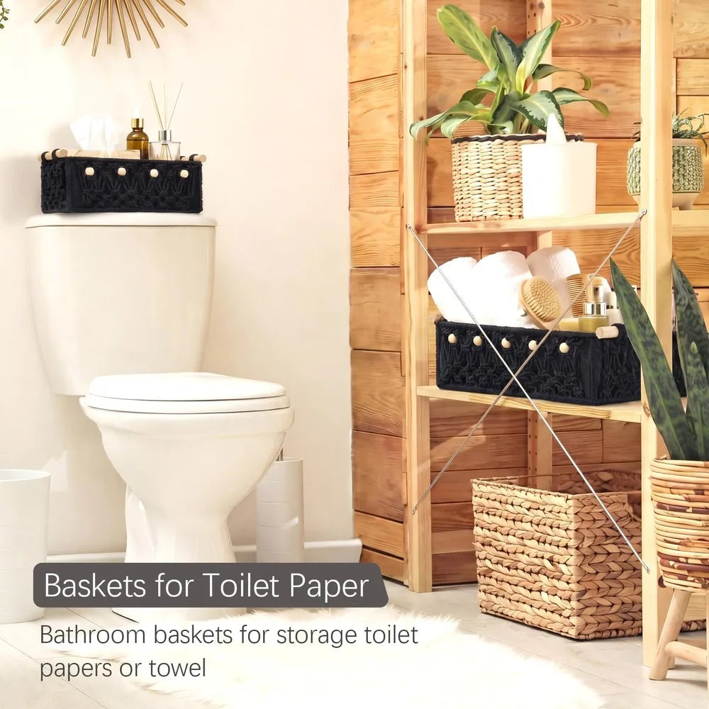 Boho Macrame Storage Baskets With Wooden Handles And Decorative Beads