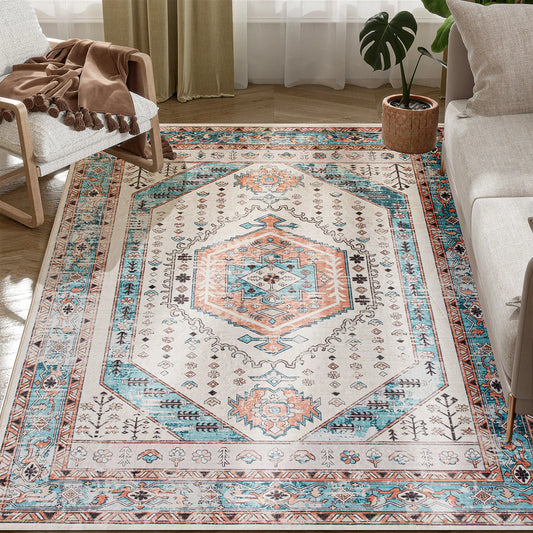 Machine Washable Vintage Oriental Medallion Distressed Area Rug