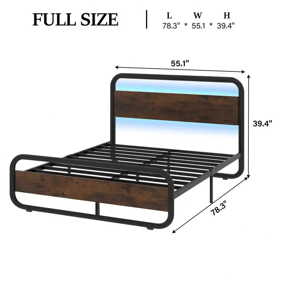 Heavy Duty Metal LED Bed Frame With Headboard And Storage