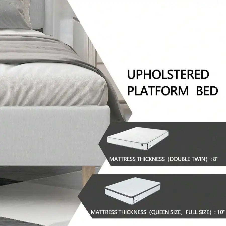 Classic Upholstered Platform Bed Frame With Headboard And Wood Slats