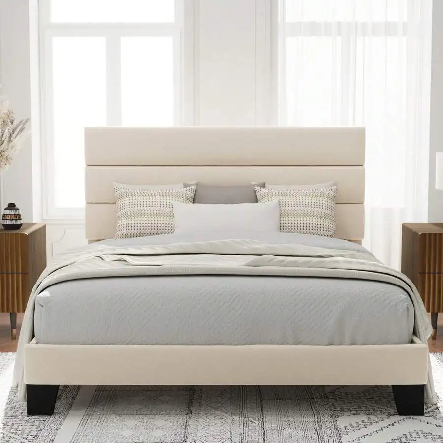 Fabric Upholstered Platform Bed Frame With Wooden Slats