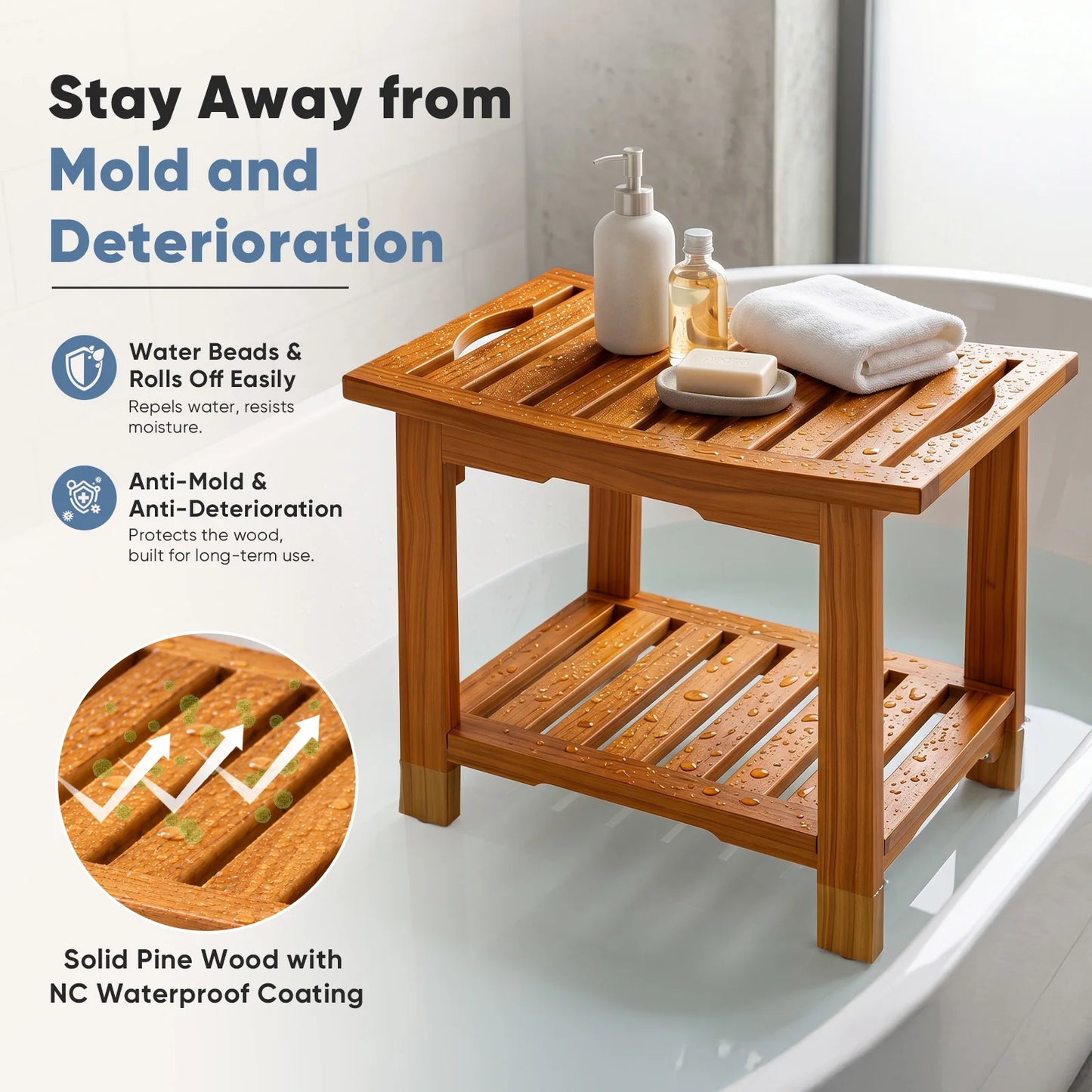 JHK Wooden Bathroom Shower Bench With Storage Shelf And Handles