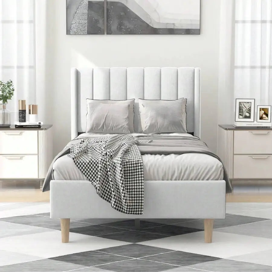 Classic Upholstered Platform Bed Frame With Headboard And Wood Slats