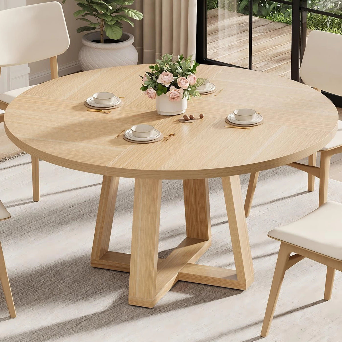 HiMISS Farmhouse Round Dining Table With Sturdy Cross Base