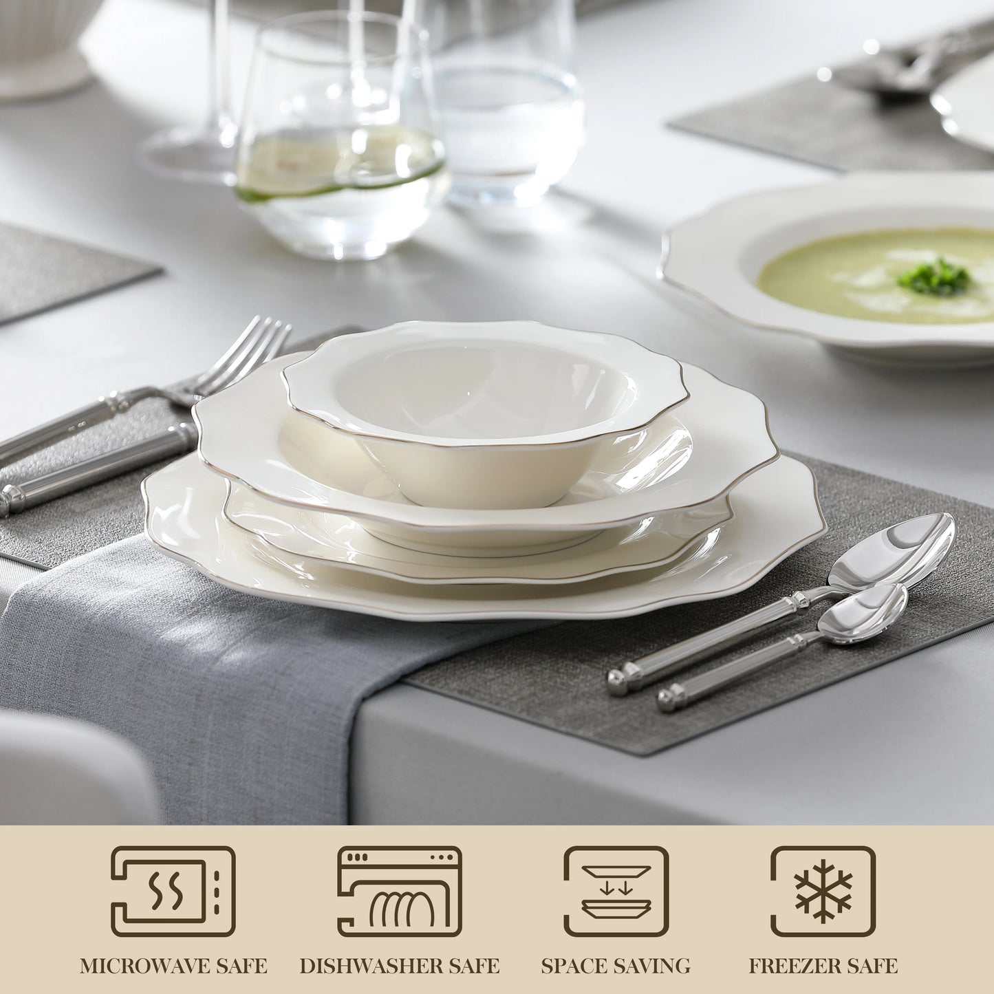 Malacasa Nordic Golden Rim Bone China Tableware Set