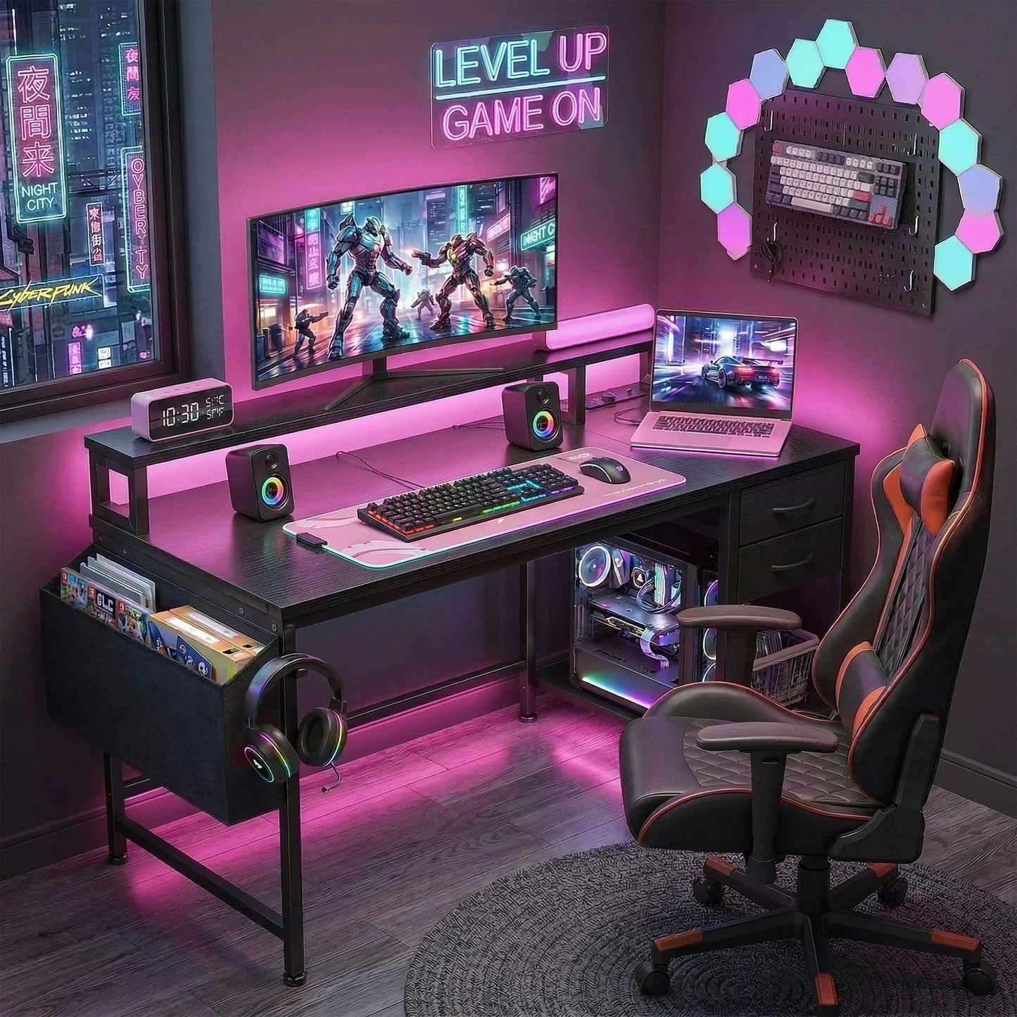 EnHomee Modern Office Desk With Power Outlets And Led Lighting