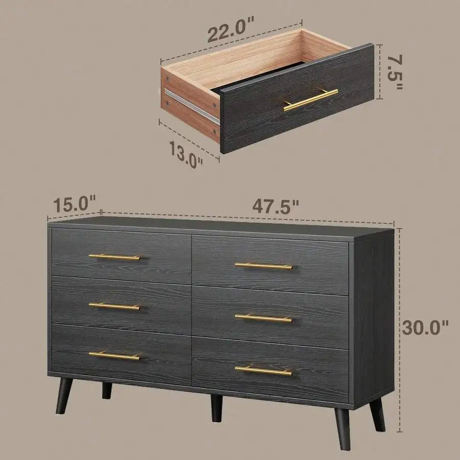 Wood 6 Drawer Dresser With Metal Frame Storage Cabinet