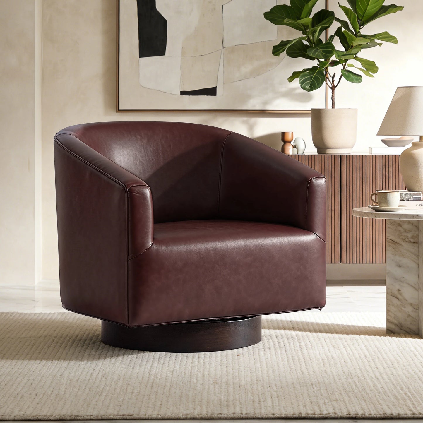 Kerdom Modern Wooden Barrel Accent Chair With Swivel Base