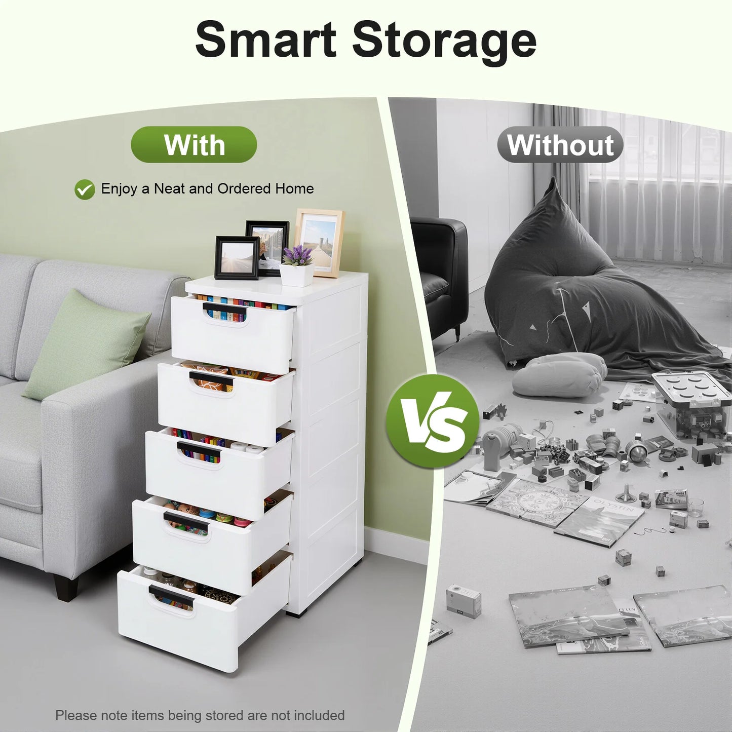 Five Drawer Stackable Plastic Storage Cabinet With Rolling Casters