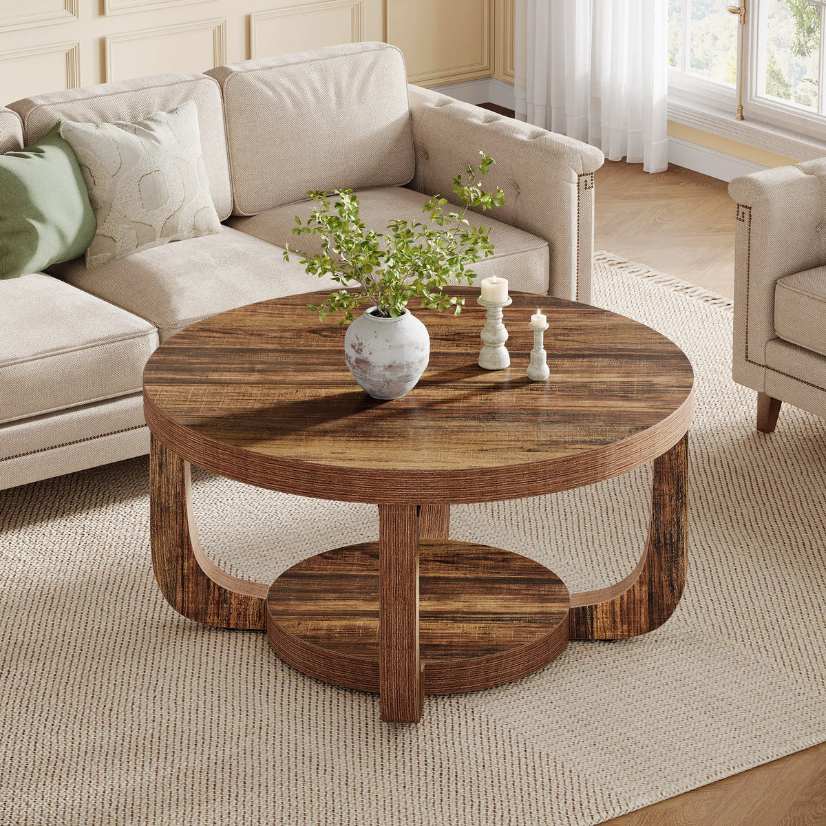 Tribesigns Round Coffee Table With Two Tier Storage Modern Wood