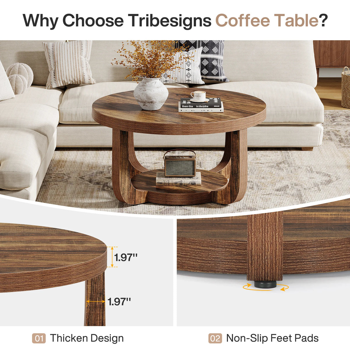 Tribesigns Round Coffee Table With Two Tier Storage Modern Wood