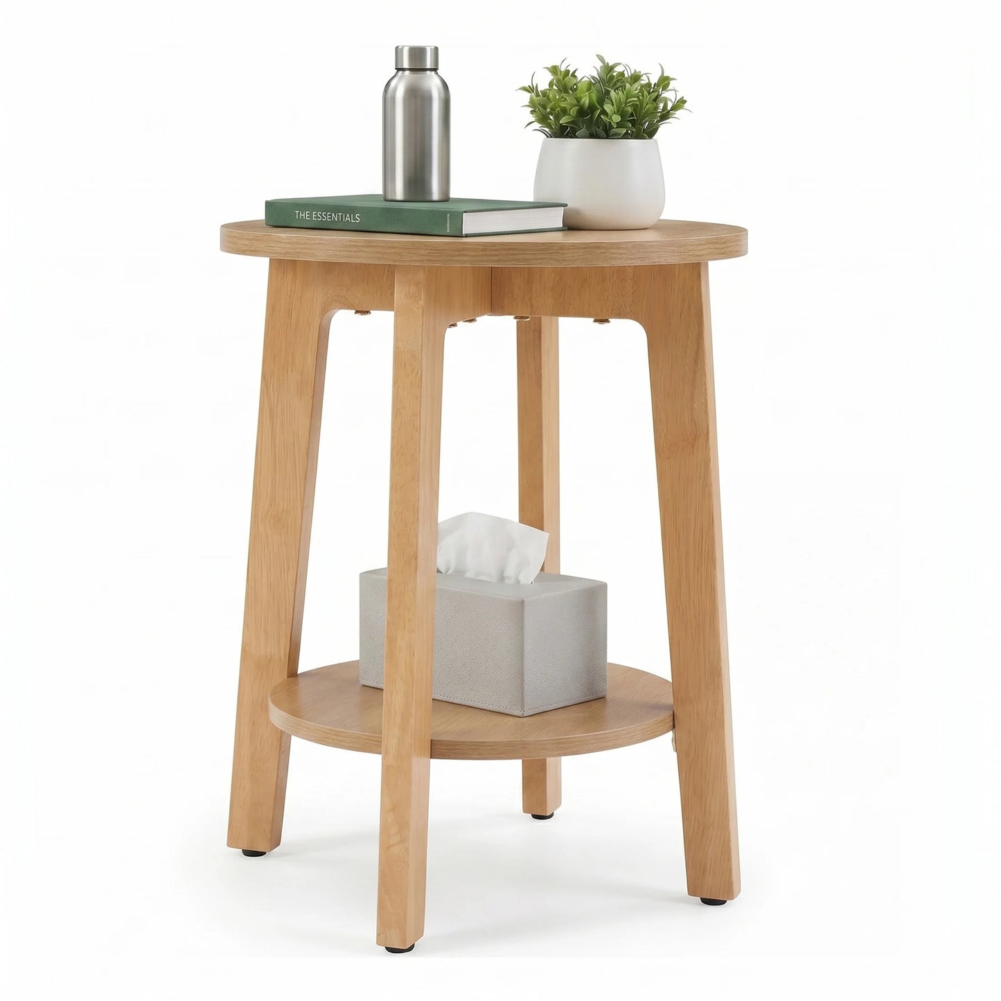 JHK Wood Round Side Table With Two Tier Storage Shelf