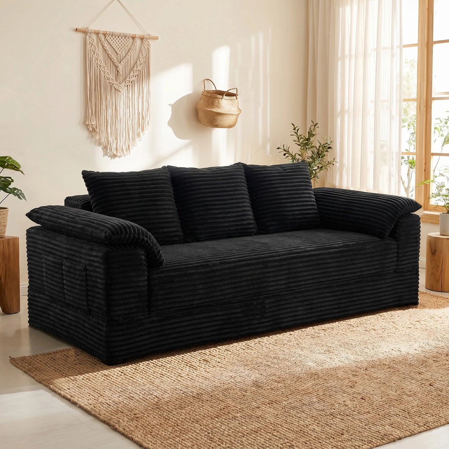 Modern Corduroy Modular Sofa With Reversible Cushions And Cup Holder