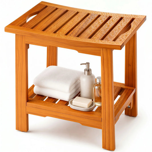 JHK Wooden Bathroom Shower Bench With Storage Shelf And Handles