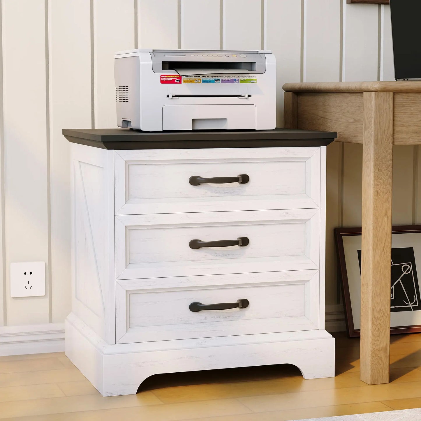 Modern Farmhouse Wood Nightstand With Charging Station And Drawer Storage