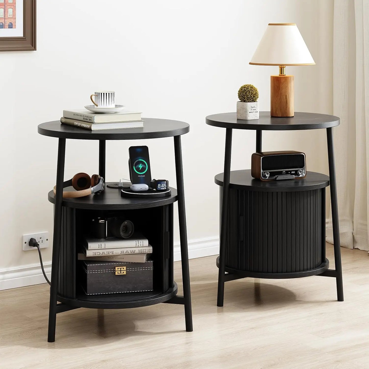 ONBRILL Fluted Round Nightstands Set of 2 Modern Wooden Tables