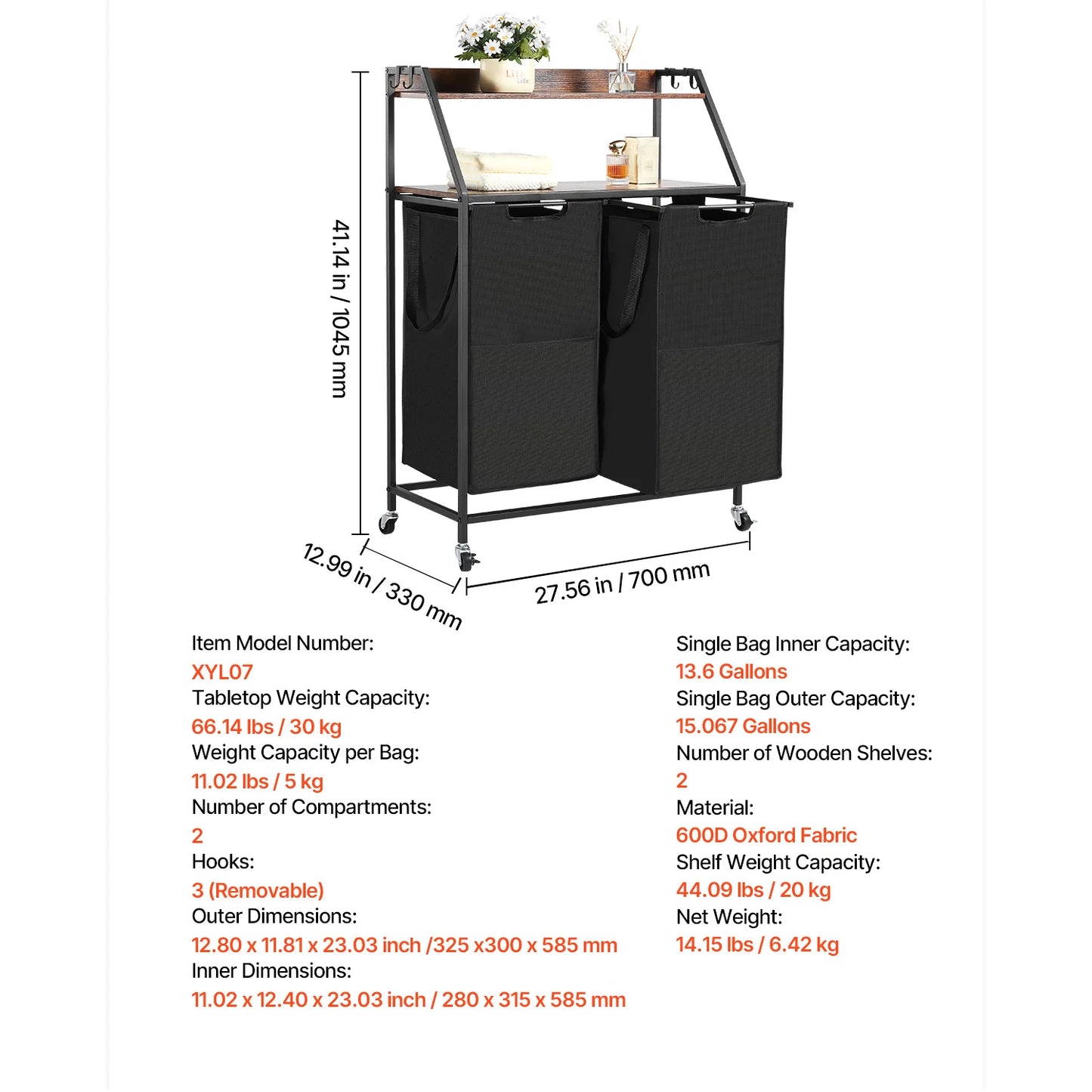 SucceBuy Dual Compartment Laundry Sorter Basket With Metal Frame