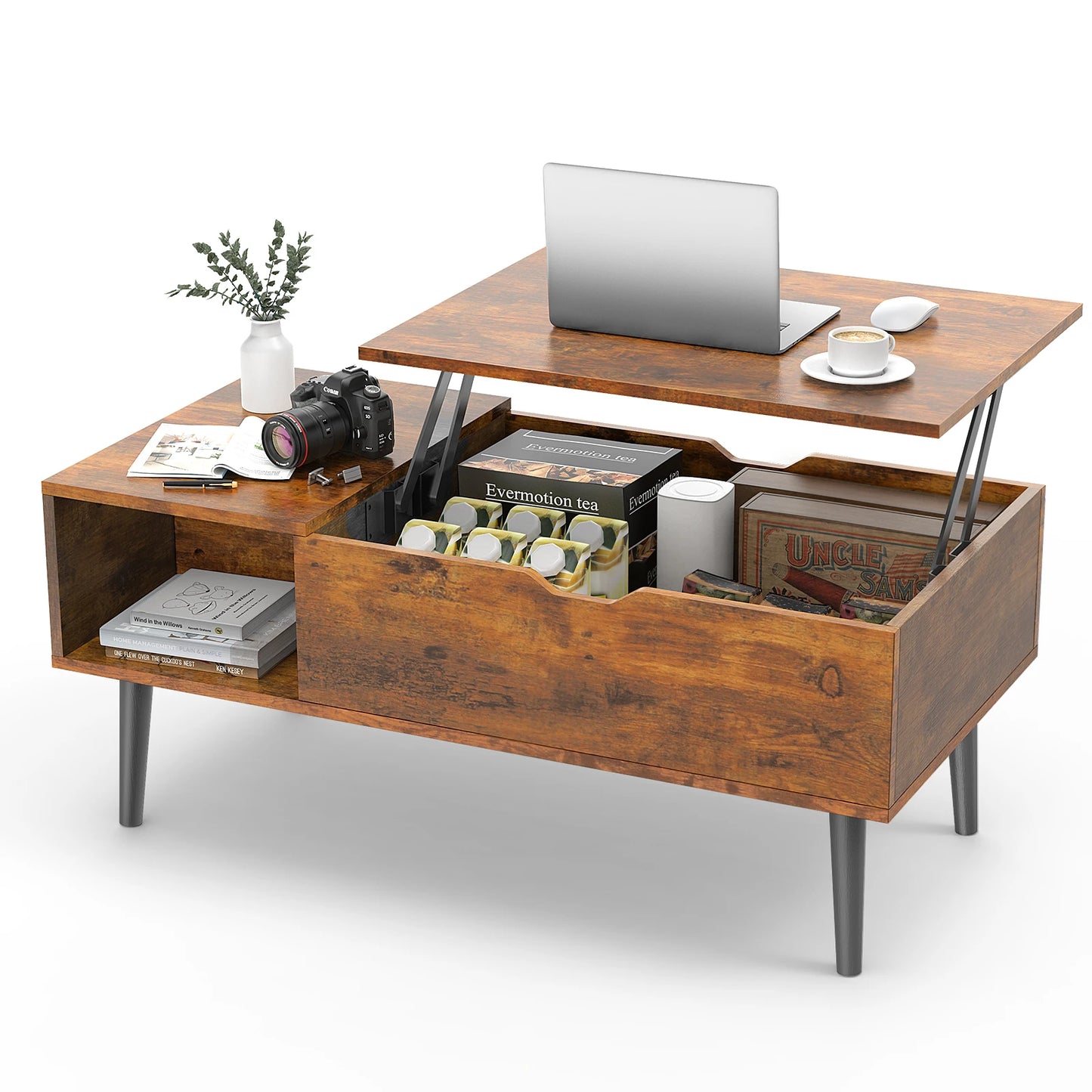 JHK Modern Wood Lift Top Coffee Table Adjustable Storage Shelf