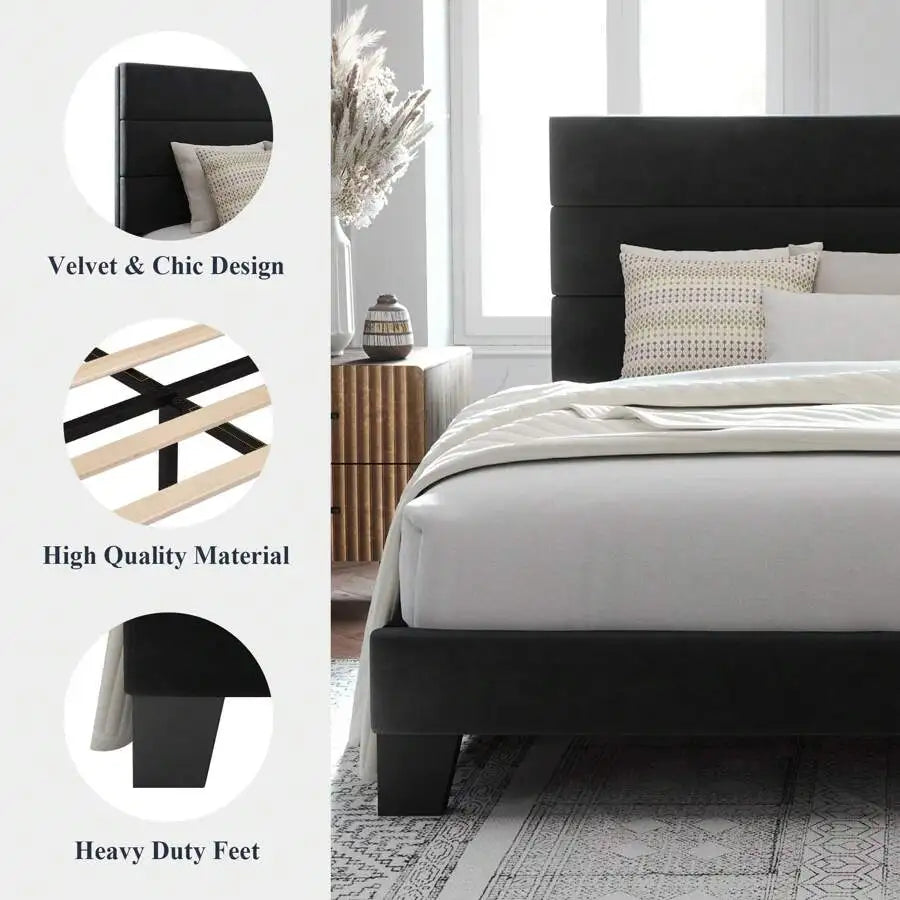 Fabric Upholstered Platform Bed Frame With Wooden Slats