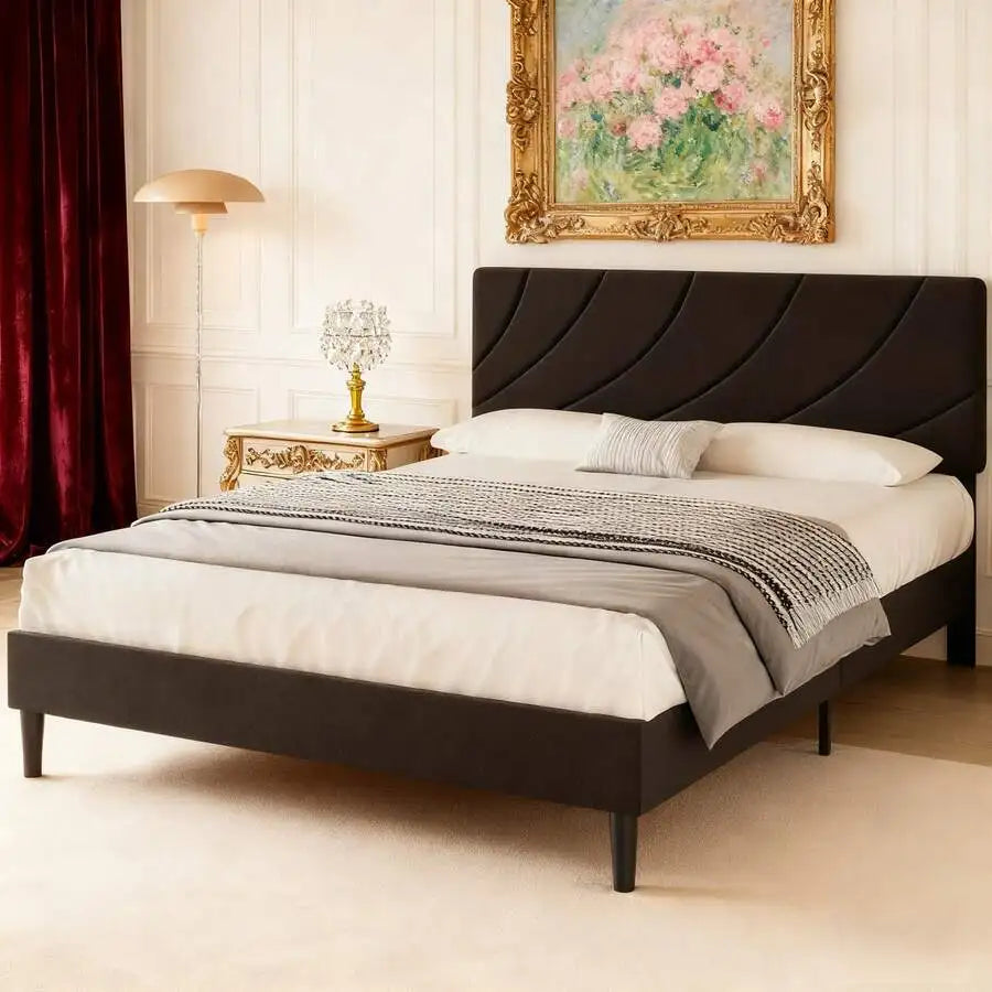 Modern Upholstered Platform Bed Frame With Adjustable Linen Headboard