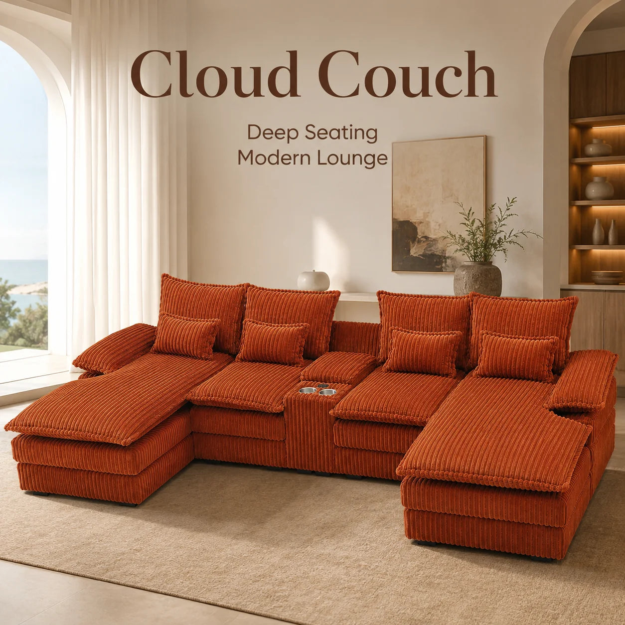 Modular Corduroy Sectional Sofa With Console And USB Charging Ports