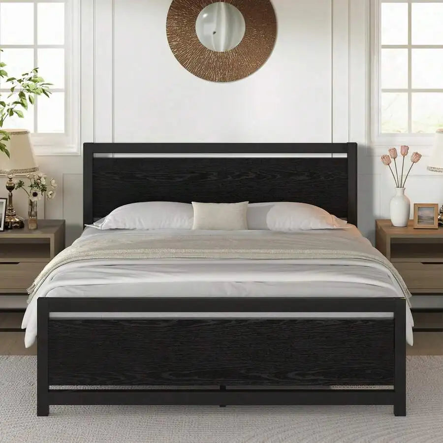 Farmhouse Metal Bed Frame With Wooden Headboard Easy Assembly