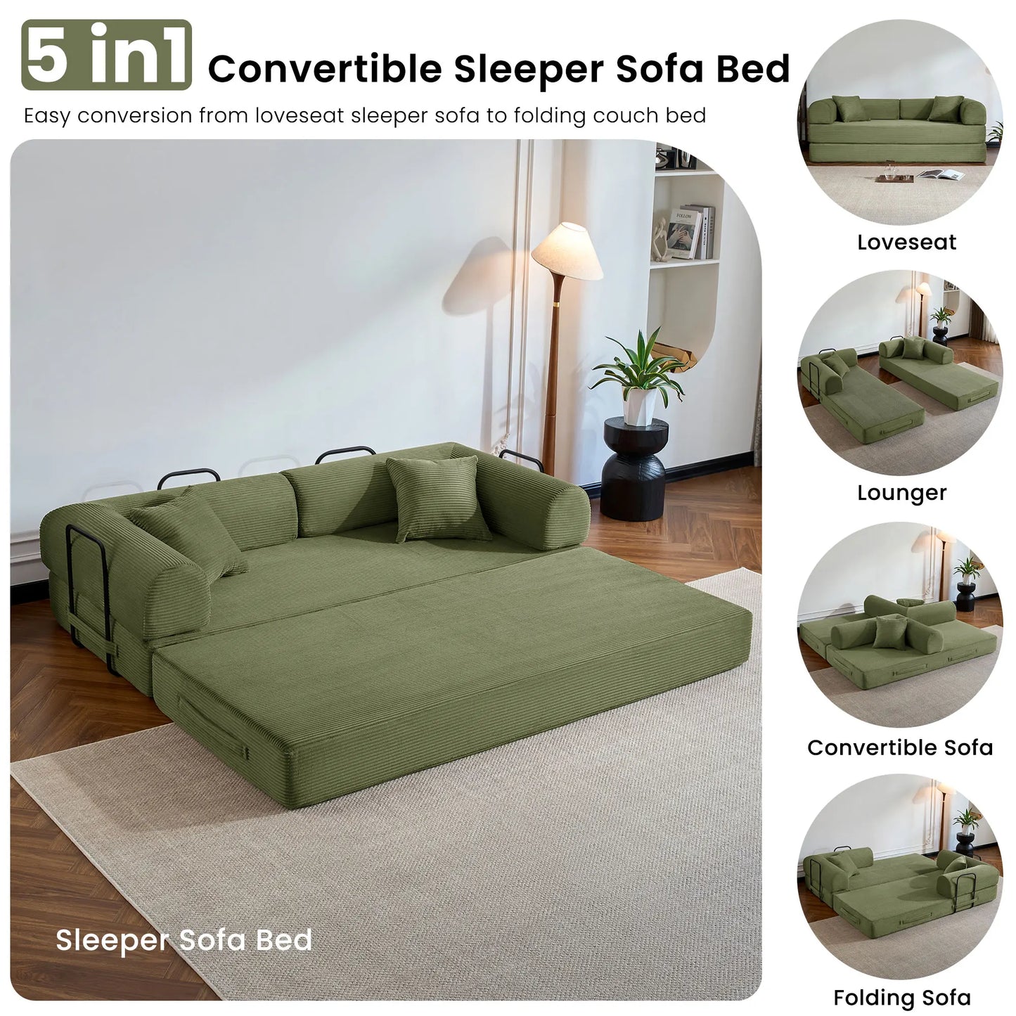 Corduroy Folding Sofa Bed With Removable Cover And Iron Frame