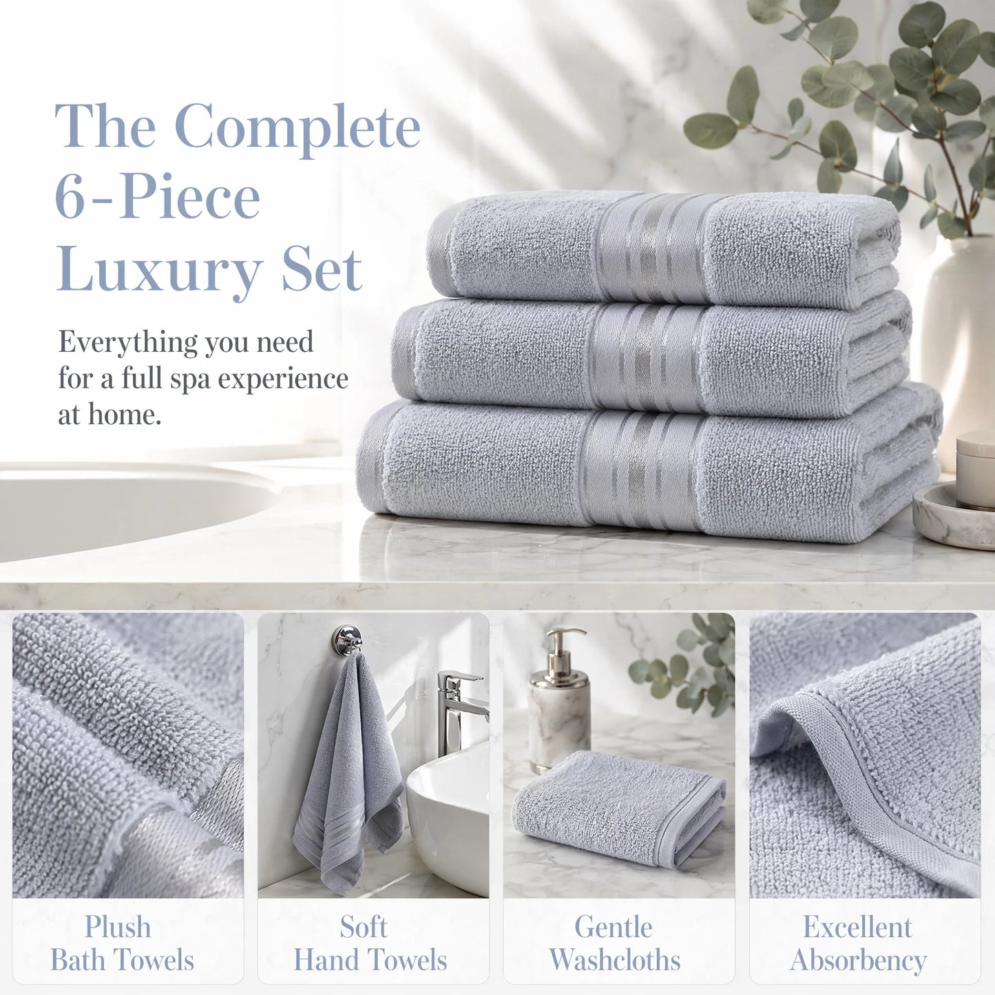 Luxurious 6 Piece Plush Cotton Turkish Bath Towel Set
