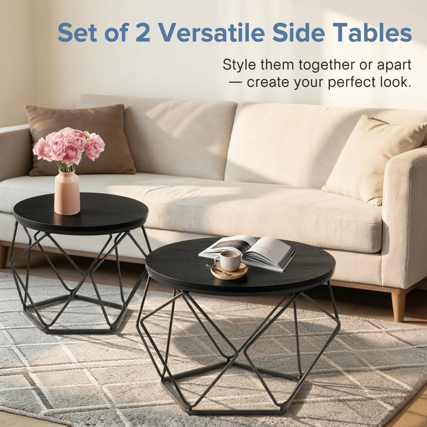 JHK Round Geometric Nested Coffee Table Set For Living Room